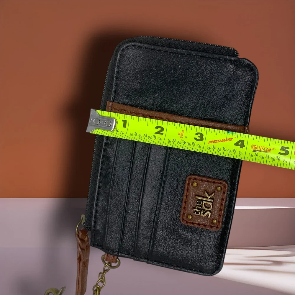 Sakroots Black Leather Slim Wallet Card Holder Keychain Zip Coin Pouch Organizer